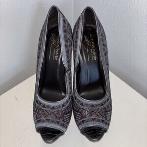 Donald J Pliner CeCi Pewter Beaded Peep Toe Heel Pump Platform